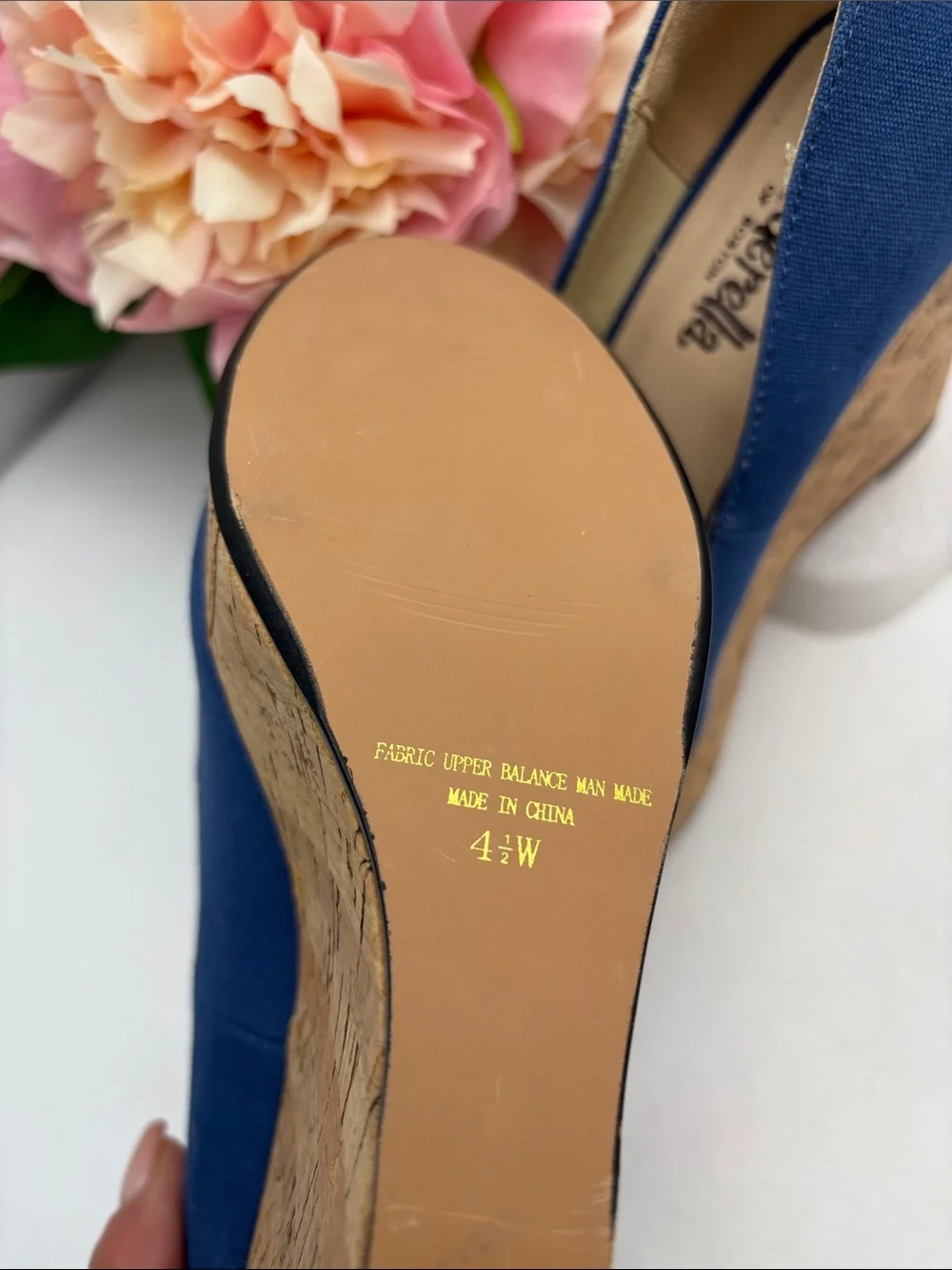 Cinderella Women’s 4.5W Ella Navy Blue‎ Peep-Toe Cork Wedges #398